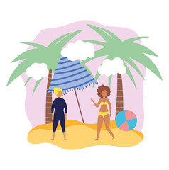 Fototapeta premium summer people activities, man and woman with umbrella ball, seashore relaxing and performing leisure outdoor
