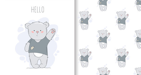 Drawn greeting card and seamless pattern with bear and word hello. Can be used for textile.
