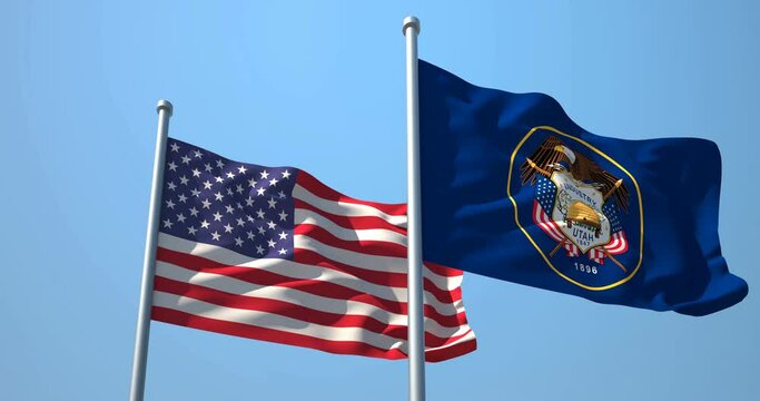 Utah flag and the USA on a flagpole realistic wave on wind not synchronously, solid background. The State of Utah in The United States of America. Salt Lake City.