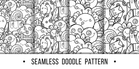 Obraz premium Set of kawaii seamless patterns doodle monsters,cute and fun variety of colors animals