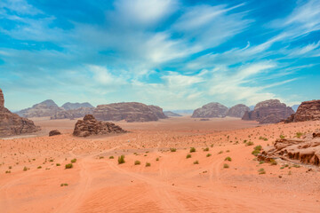 Fototapeta na wymiar Deserted landscape of Wadi Rum in Jordan 