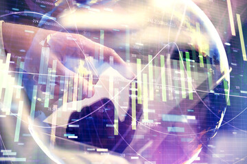 Double exposure of man's hands holding and using a phone and international business theme drawing.