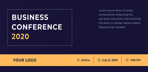Business conference 2020 with logo and contact data on purple line background. Vector template for webinar, conference, e-mail, flyer, meetup, party, event, web header