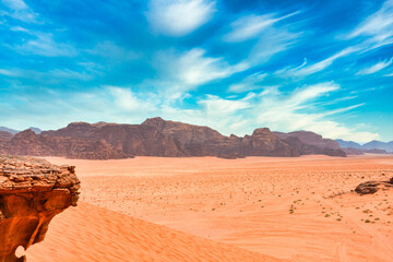 Deserted landscape of Wadi Rum in Jordan
