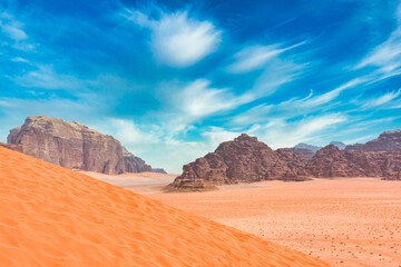 Deserted landscape of Wadi Rum in Jordan
