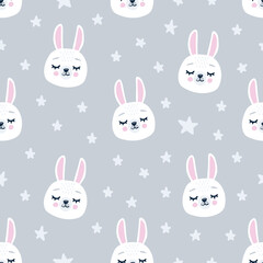 Seamless pattern with rabbit head face with closed eyes. Cute cartoon funny character on grey background.