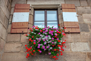 Window with shutters and flowers . Exterior flower bed under the window
