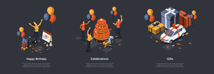 Concept Of Birthday Party. Celebration Ceremony. Set Of Illustrations With Characters Having Fun. Woman Jumping Of Happy, People Decorate Big Cake And Prepare Gifts. Isometric 3D Vector Illustration