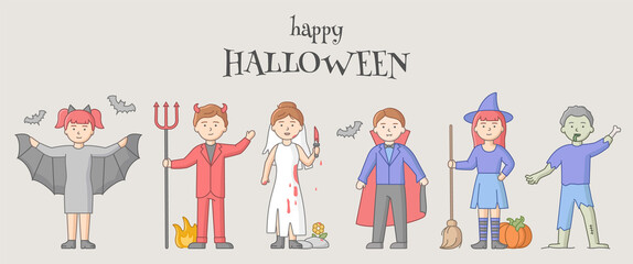 Halloween Party Celebration Concept. Set Of People Disguised To Evil Characters, Witches And Vampires On Carnival. People Celebrate Holiday. Cartoon Linear Outline Flat Style. Vector Illustration