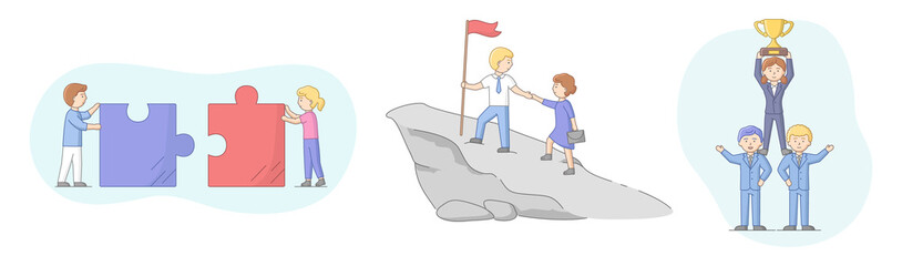 Teamwork Concept. Business People Work Together Towards a Common Point of Success. Cheerful Business Men and Women Collect Puzzle, Go Together To Goal. Cartoon Linear Outline Flat Vector Illustration