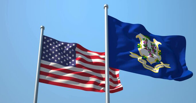 Connecticut flag and the USA on a flagpole realistic wave on wind not synchronously, solid background. State of Connecticut in The United States of America. Hartford. Bridgeport.
