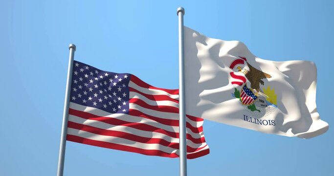 Illinois flag and the USA on a flagpole realistic wave on wind not synchronously, solid background. State of Illinois in The United States of America. Springfield.