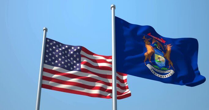 Michigan flag and the USA on a flagpole realistic wave on wind not synchronously, solid background. State of Michigan in The United States of America. Lansing. Detroit.