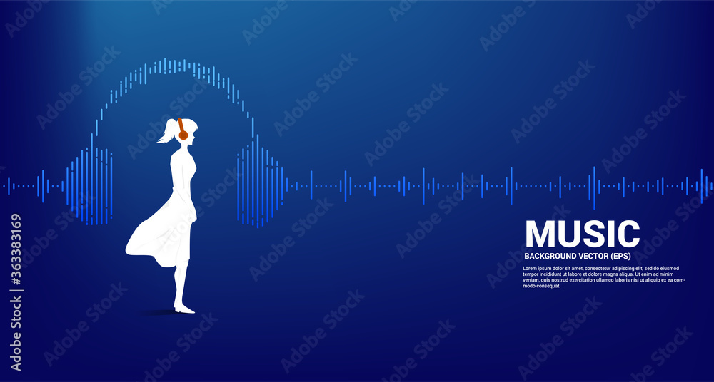 Poster silhouette of woman with headphone and sound wave music equalizer background. audio visual headphone