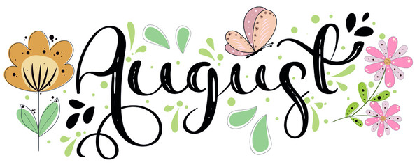 Hello August on ornaments. Hello AUGUST month vector with flowers and leaves. Decoration floral. Illustration month August	
 - obrazy, fototapety, plakaty