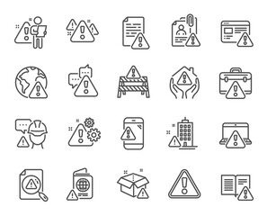 Warnings line icons. Caution sign, Exclamation mark, Risk attention. Danger alert, error caution, urgent information line icons. Safety risk, construction warning, documentation error. Vector - obrazy, fototapety, plakaty