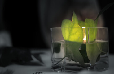 Candle in a glass surrounded by green leaves