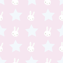 White bunnies, cute rabbits, and stars baby girls seamless pattern design on pink background. Perfect for fabric, textile, girls fashion. Surface pattern design.