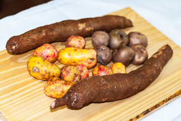 Raw yucca on the wooden table, Manihot esculenta. (Cassava raw tuber) with regional potatoes from the Andes at a market in Peru, Bolivia, Argentina, south america.