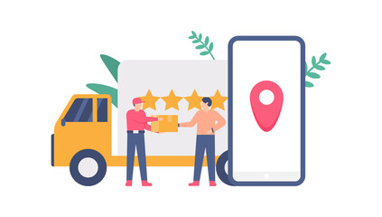 concept of delivery of goods or packages, location tracking or GPS, delivery services. A courier ties the package to the customer. flat design. can be used for elements, landing pages, UI.