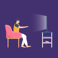 the concept of stay at home, relax and entertainment. illustration of a man sitting while watching television, holding a remote. flat design. can be used for elements, landing pages, UI.