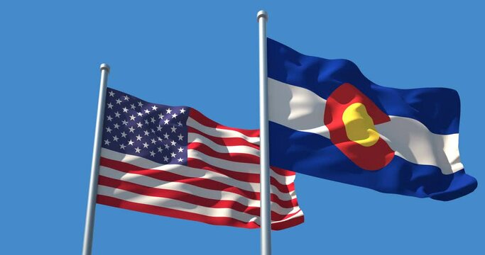Flags of Colorado and the USA on a flagpole realistic wave on wind not synchronously, solid background. Colorado in The United States of America. Denver.