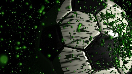 Soccer ball with Green Rotating Particles under spot light Background. 3D sketch design and illustration. 3D high quality rendering.