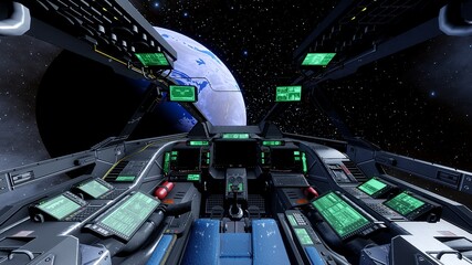 view from the cockpit of a spaceship, cockpit spaceship background, cockpit UFO 3d render © Aleksandr
