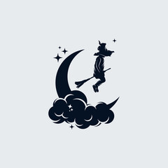 Little Witch flying with broom on the moon