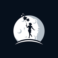 Child fly with balloons on the moon logo design