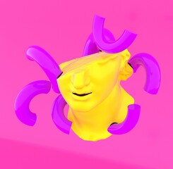 Surreal minimalist composition of torus slices and fragment of colossal head sculpture on pastel pink background. Conceptual 3D rendered illustration for contemporary modern art subject.