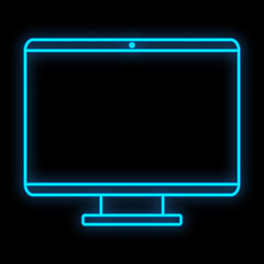 Bright luminous blue digital neon sign for shop or workshop service center beautiful shiny with a modern flat-panel LCD computer monitor on a black background. Vector illustration