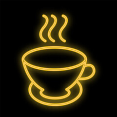 Bright luminous yellow neon sign for cafe bar restaurant pub beautiful shiny with tea mug on black background. Vector illustration