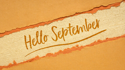 Hello September welcome note  - handwriting on a handmade rag paper