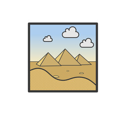 A framed vector illustration of a landscape view of the pyramids of Giza in Cairo, Egypt. 