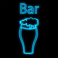 Bright luminous blue neon sign for cafe bar restaurant beautiful shiny with a beer mug on a black background. Vector illustration