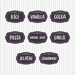 Fototapeta na wymiar Food storage labels. Kitchen food tags collection for kitchen containers or jars. Vanilla, pasta, cocoa, rice, cinnamon
