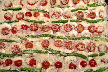 Home made ham, tomato, pepper, mushroom and cheese pizza