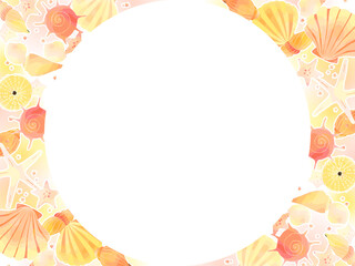 かわいい貝殻のイラストのフレーム、手描き、水彩風、柔らかい色合い