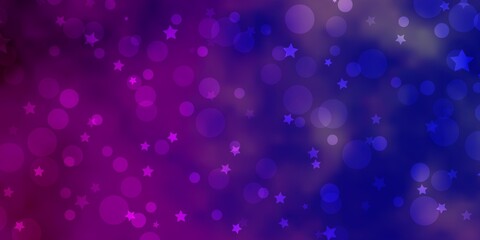 Light Purple, Pink vector pattern with circles, stars. Glitter abstract illustration with colorful drops, stars. Design for textile, fabric, wallpapers.