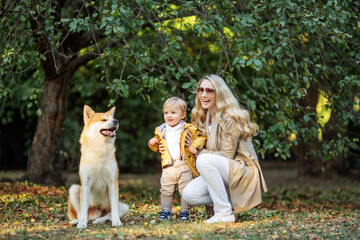 blonde mom hugs her son near the red dog Akita inu in autumn Park