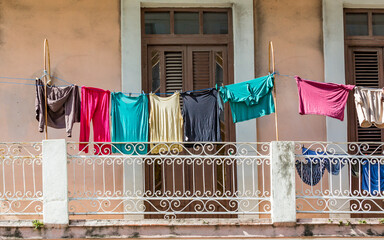 Fresh laundry hangs on main street in Havana, Cuba