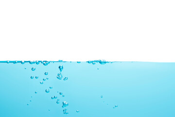 The bubbles in the water float in the middle of the water up to the surface in a straight line. Blue background