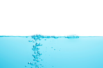 The bubbles in the water float in the middle of the water up to the surface in a straight line. Blue background