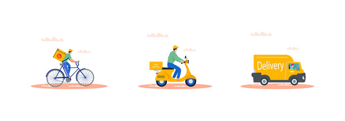 Naklejka na ściany i meble Online delivery service concept, online order tracking, delivery home and office. Vector flat illustration set.