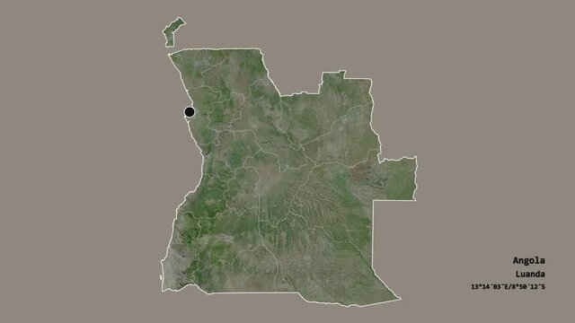 Hu&iacute;la, province of Angola, with its capital, localized, outlined and zoomed with informative overlays on a satellite map in the Stereographic projection. Animation 3D