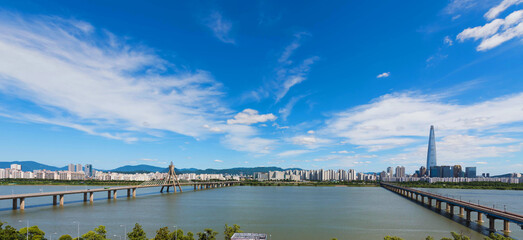 panorama and hdr Seoulcity South Korea. Hangang River and bridge
