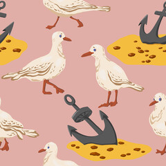 Seamless pattern with funny gulls and anchors on a pink background. In the style of the cartoon. For banners, textiles, wrapping paper, Wallpaper, etc. Vector illustration.