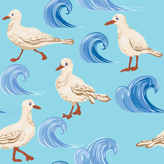 Seamless pattern with funny gulls and waves on a blue background. In the style of the cartoon. For banners, textiles, wrapping paper, Wallpaper, etc. Vector illustration.