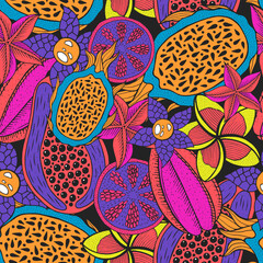 Doodle seamless pattern on dark backdrop. Vector pattern. Neon colors rainforest texture. Bright fashion background. Tropical nature colorful design. Tropical bright backdrop. Sweet fruit